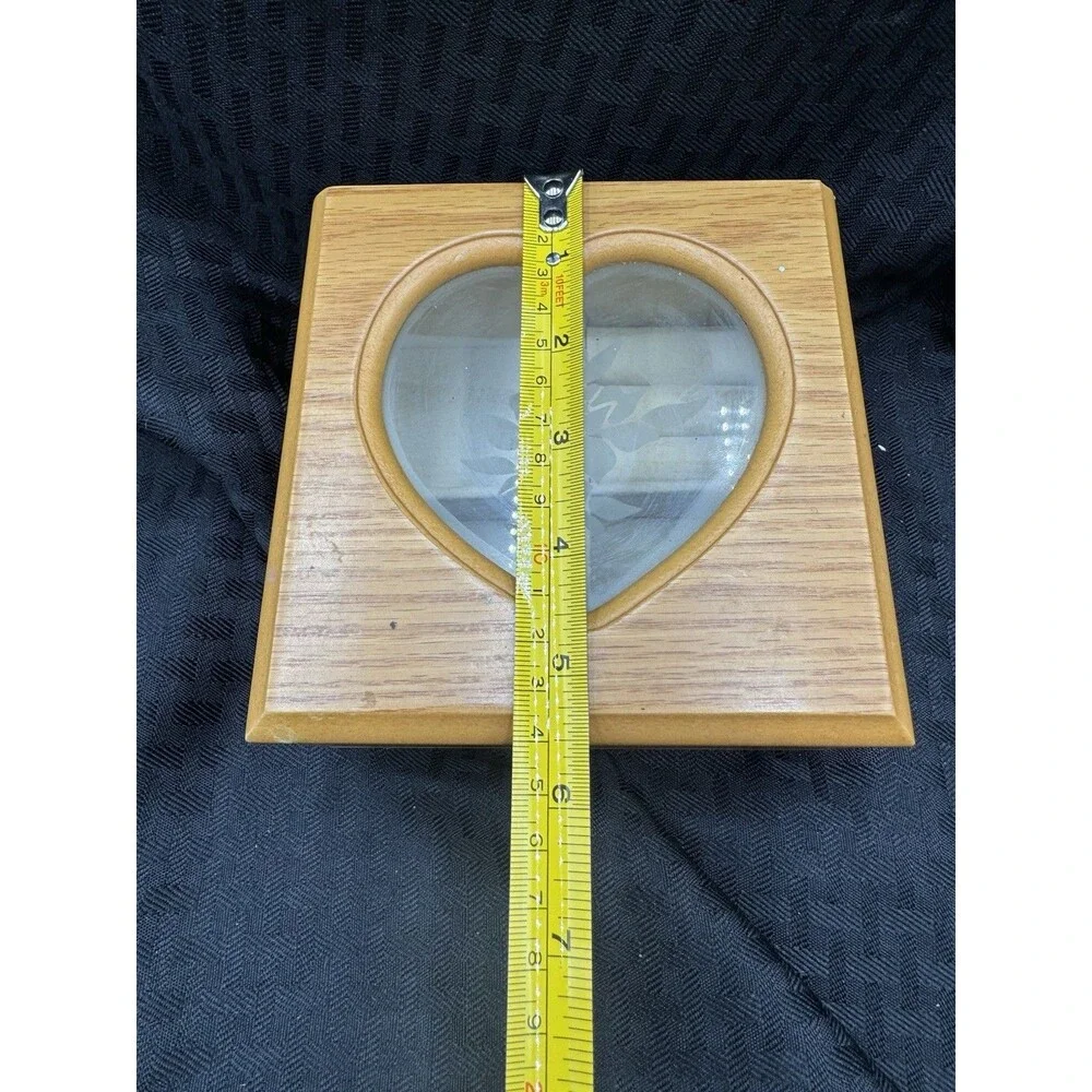 Vintage Wood 4 Compartment Jewelry Box W/Ring Holder & Etched Glass Heart Window